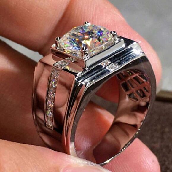 Gorgeous 925 Silver Ring Round Cubic Zircon For Men Sim Diamond Ring - Picture 1 of 4